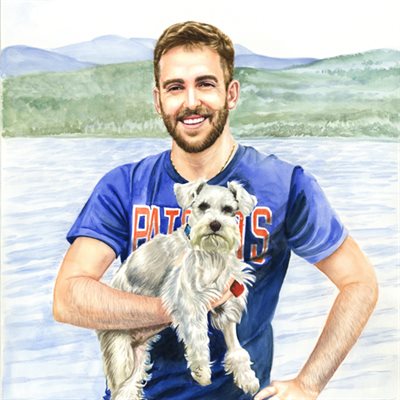 Custom Hand Painted Watercolor of A Man Holding His Little Dog by A River,by myDaVinci - myDaVinci